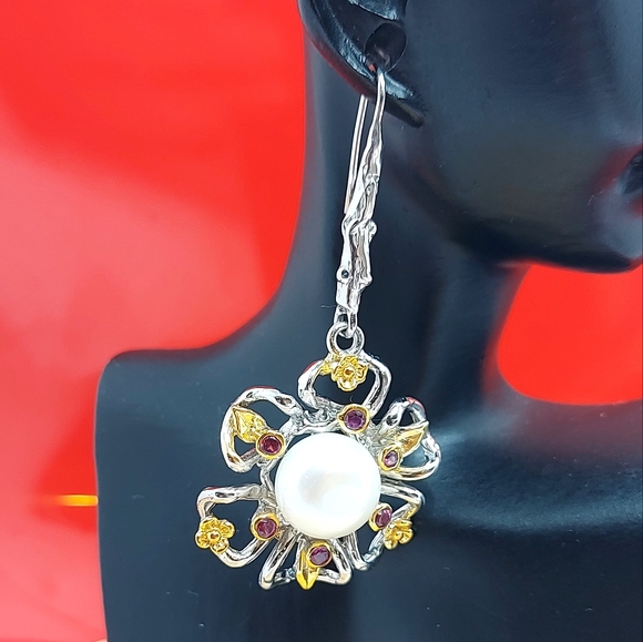 Natural Pink Rhodolite Garnet & Cultured Pearl 925‎ Sterling Silver Earrings - Picture 3 of 8